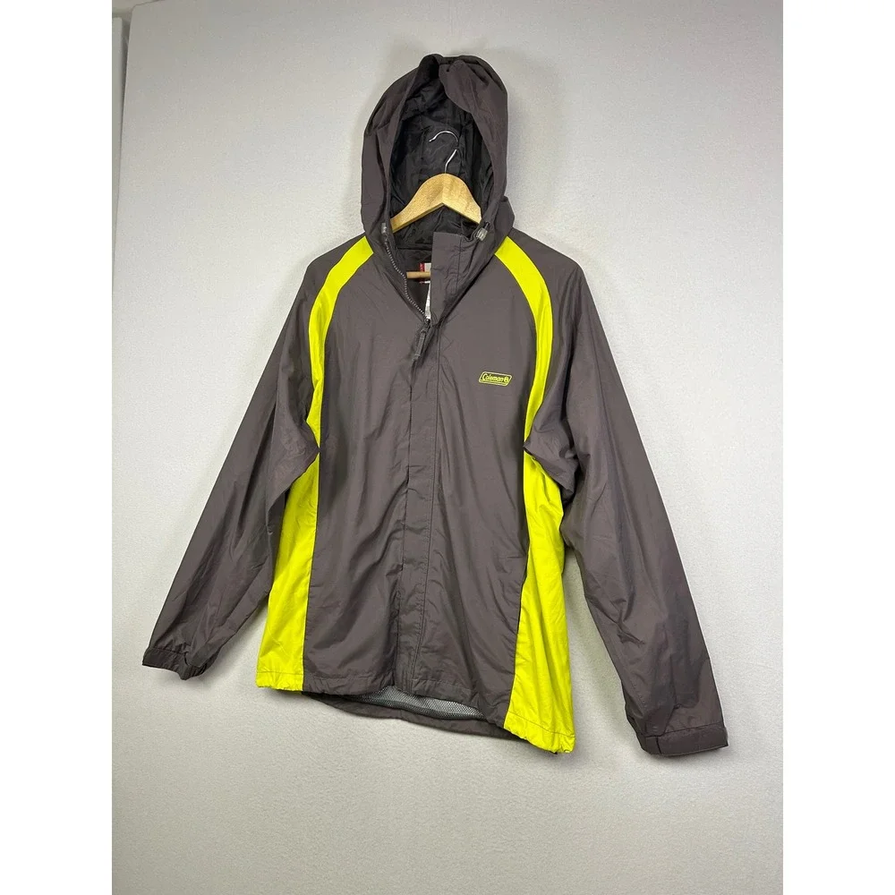 Gorpcore Coleman Mens Med Grey Neon Yellow Hooded Windbreaker Jacket‎ 4813-05919